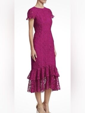 Monique Lhuillier Magenta Lace Midi Dress with Tiered Ruffle Hem size 10